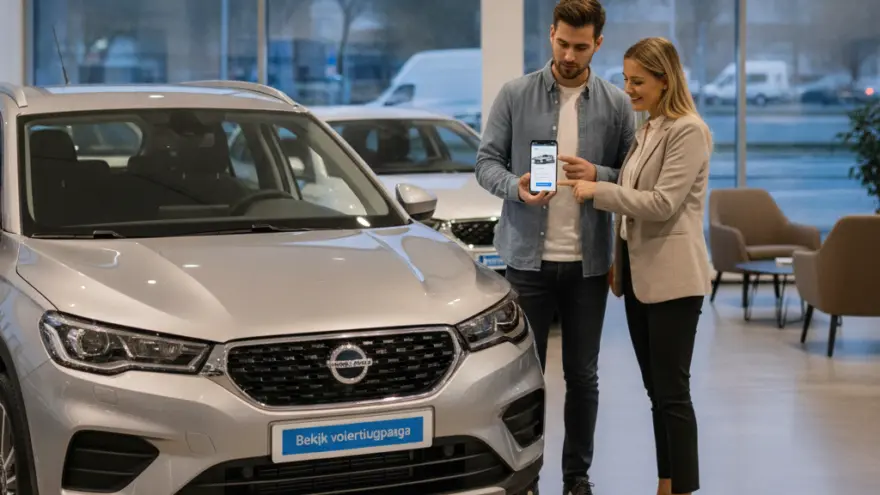 Een man en een vrouw staan in een showroom naast een zilveren auto en kijken samen naar een smartphone.