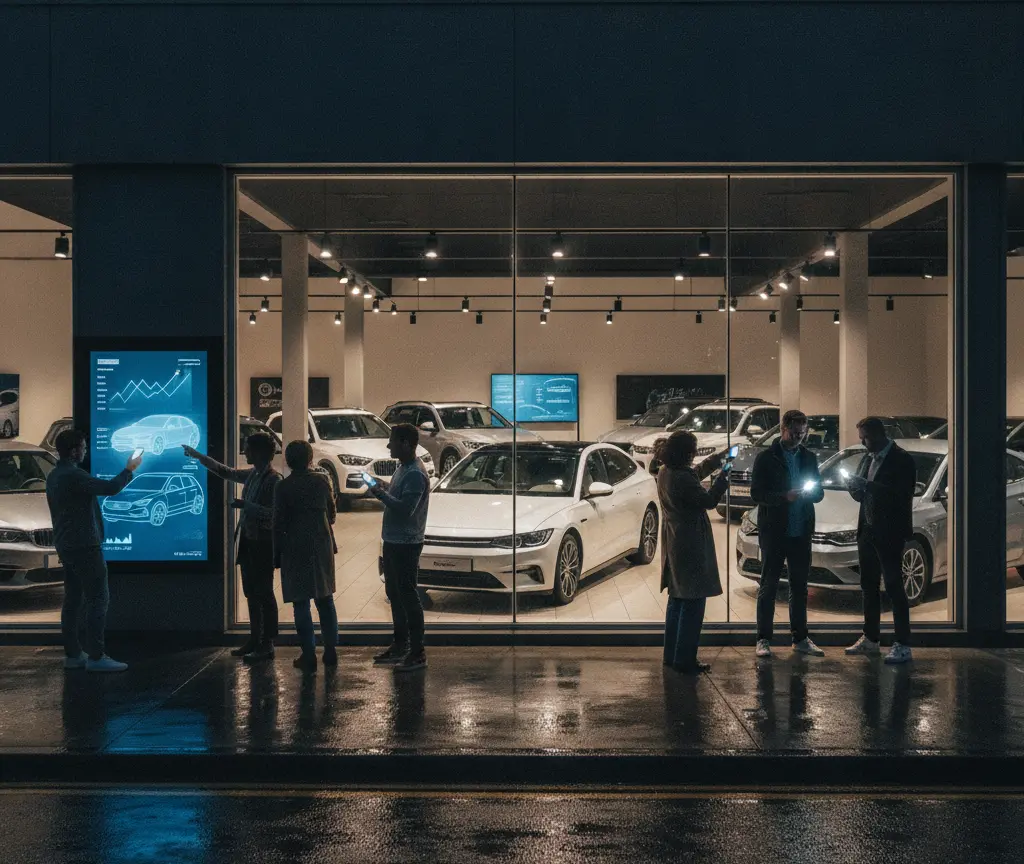Persone in piedi all'esterno di una concessionaria d'auto illuminata di sera mentre guardano i loro smartphone e uno schermo digitale.