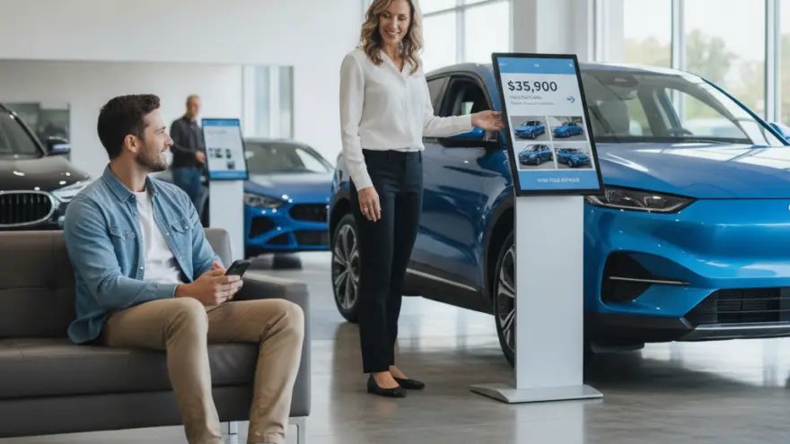 Un uomo seduto su un divano guarda una donna che mostra informazioni su uno schermo interattivo accanto a un'auto blu in un salone automobilistico.