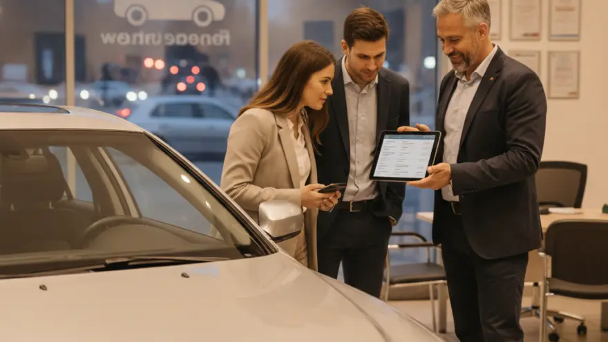 Un venditore mostra un tablet a una coppia in piedi accanto a un'auto grigia all'interno di una concessionaria.