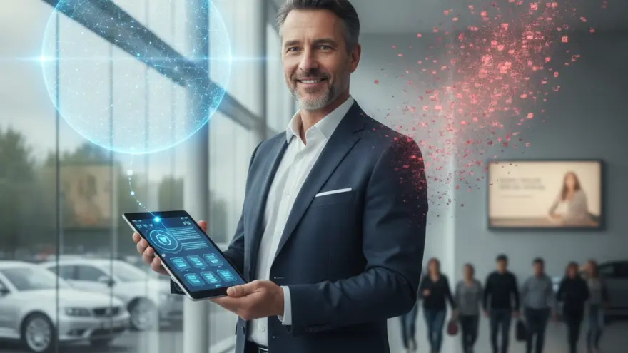 Un hombre sonriente en traje sostiene una tableta digital en un concesionario de coches con gráficos holográficos a su alrededor.