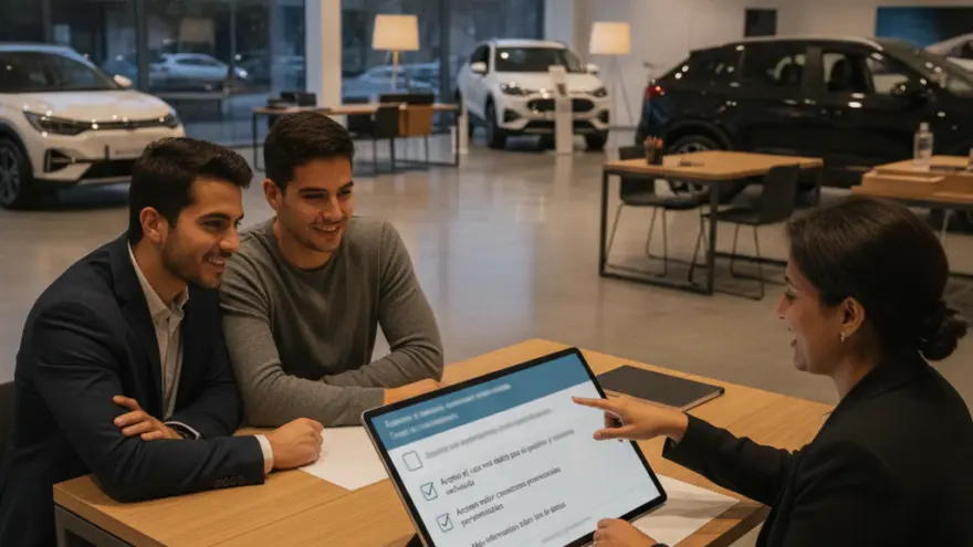 Una asesora comercial muestra información en una tableta digital a una pareja de hombres sentados frente a ella en un concesionario de coches.