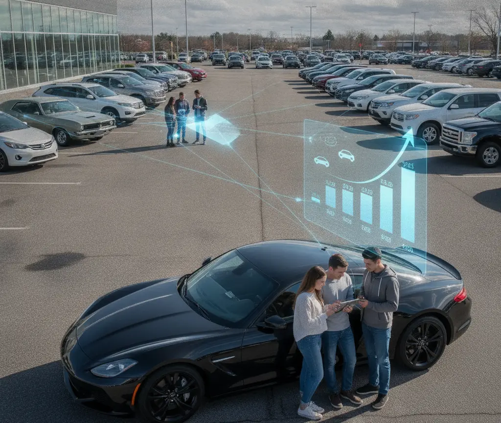 Three people stand next to a black sports car in a dealership lot looking at a tablet, with a digital bar graph overlay showing an upward trend.