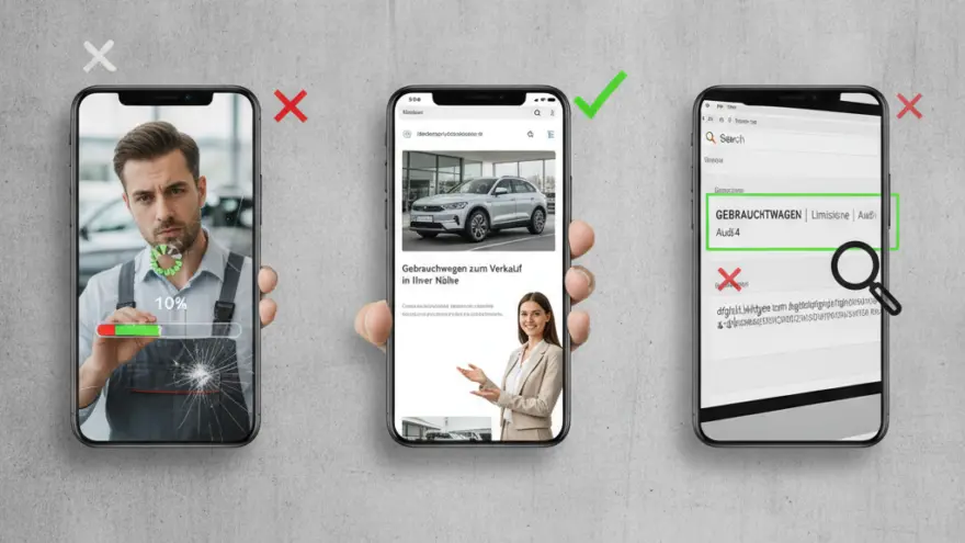 Drei Smartphones nebeneinander vor einer grauen Wand zeigen verschiedene Bildschirminhalte zum Thema Autokauf, markiert mit roten Kreuzen und einem grünen Haken.