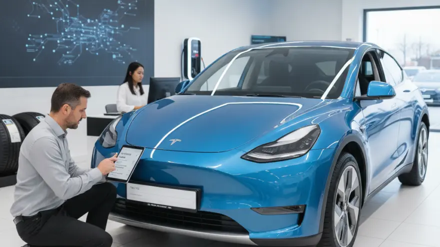 Ein Mann kniet in einem hellen Verkaufsraum neben einem blauen Elektroauto und bedient ein Tablet.