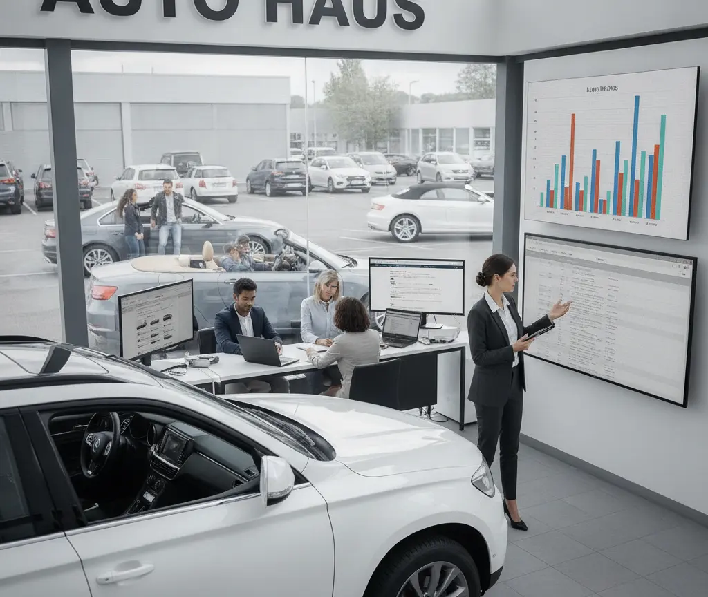 Eine Frau im Hosenanzug präsentiert Daten auf einem großen Bildschirm in einem Autohaus, während Kollegen an Schreibtischen sitzen und im Vordergrund ein weißes Auto steht.