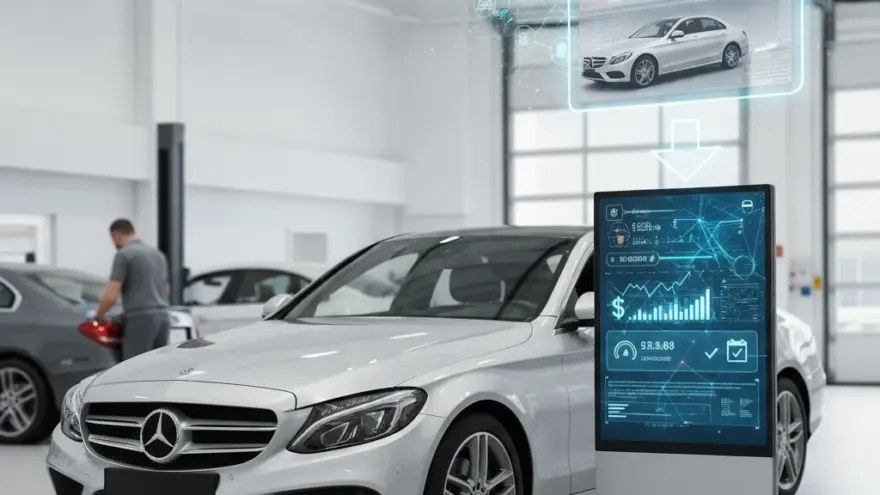 Es silbrigs Auto staht inere Werkstatt näbed eme digitale Bildschirm mit Grafike und ere virtuelle Projektion drüber.