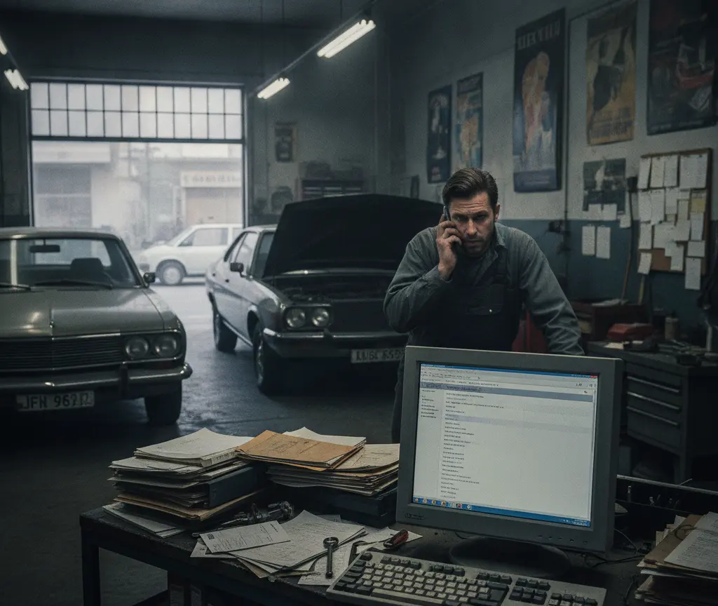 En Mechaniker im graue Blaumann telefoniert inere Autowerchstatt, im Vordergrund staht en Schriibtisch mit Computer und Dokumente.