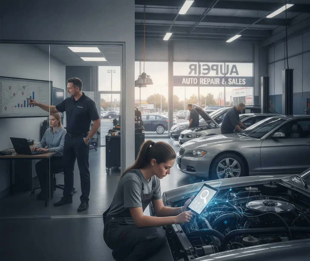 E Mechanikerin schaffet mit eme Tablet am offene Motorruum vomene Auto, während im Hintergrund anderi Lüt inere Wärkstatt und im Büro z'gseh sind.
