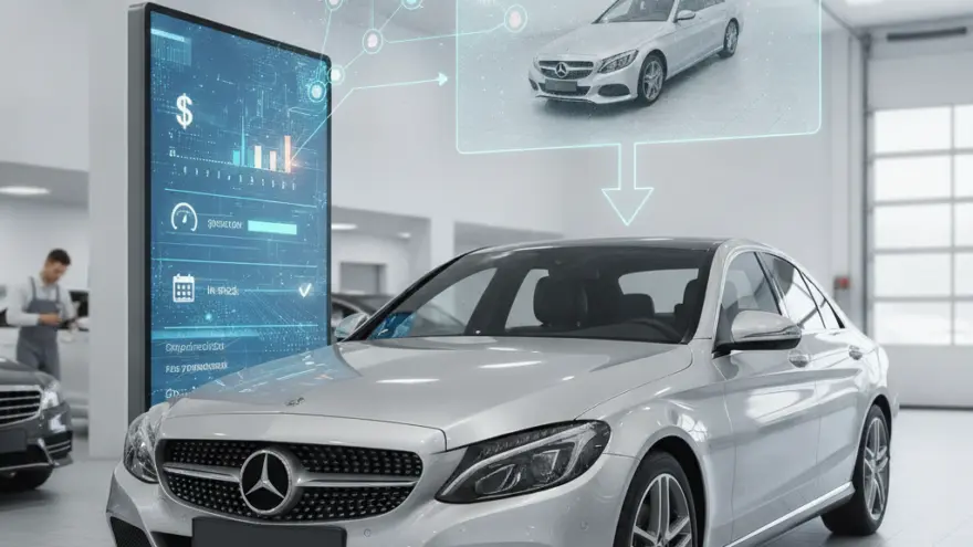 Es silbrigs Auto staht inere Werkstatt näbe eme grosse Bildschirm mit digitale Grafike und ere virtuelle Projektion drüber.