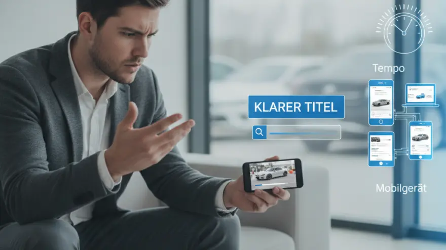 En Ma im graue Sacco sitzt uf em Sofa und luegt skeptisch uf sis Smartphone, wo es Bild vo eme Auto zeigt.