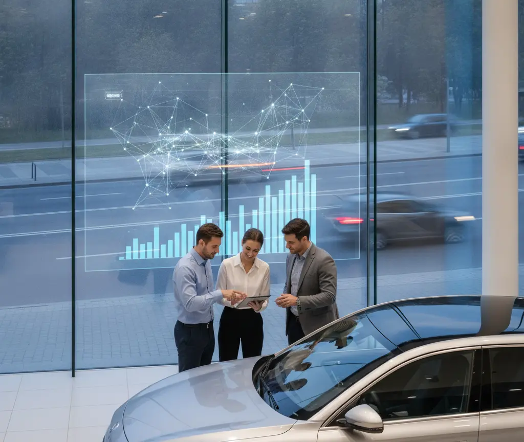 Tres personas de negocios miran una tableta junto a un coche plateado en un concesionario con gráficos digitales proyectados en el ventanal.