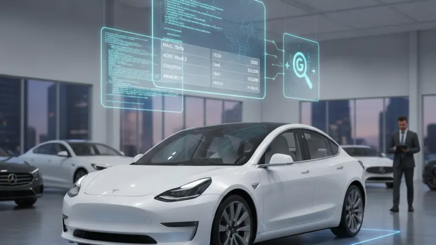 Un coche eléctrico blanco en un concesionario con pantallas holográficas flotantes que muestran datos técnicos y un hombre de traje al fondo.