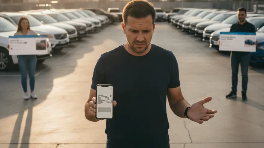 Un uomo perplesso mostra lo schermo del suo smartphone in un piazzale pieno di auto in vendita, con due persone sullo sfondo che reggono dei cartelli.