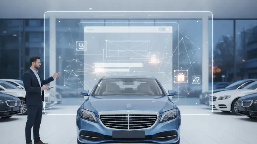 Un homme en costume présente une voiture bleue dans une concession automobile avec un écran holographique interactif en arrière-plan.