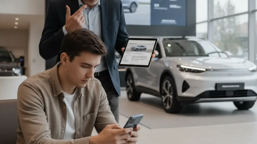 Un conseiller en costume montre une tablette à un client assis qui regarde son smartphone dans une concession automobile.