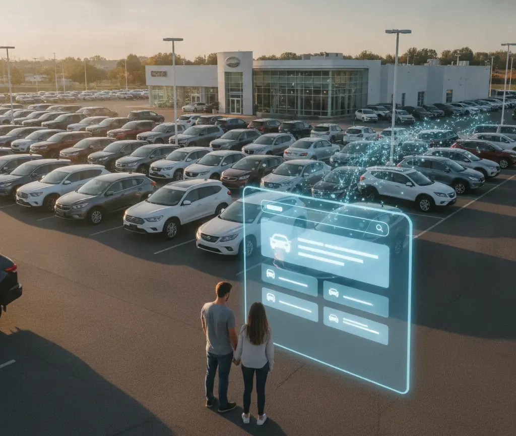 Un couple vu de dos regarde un écran holographique bleu affichant des informations sur des voitures, devant un grand parc de véhicules d'une concession automobile.