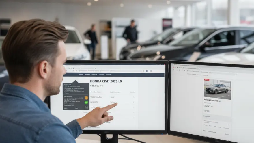 Een man in een blauw overhemd zit achter een bureau en wijst naar een computerscherm met autogegevens in een showroom.
