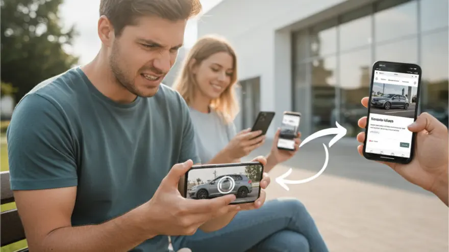 Een man en een vrouw zitten op een bankje en kijken op hun smartphones naar afbeeldingen van auto's.