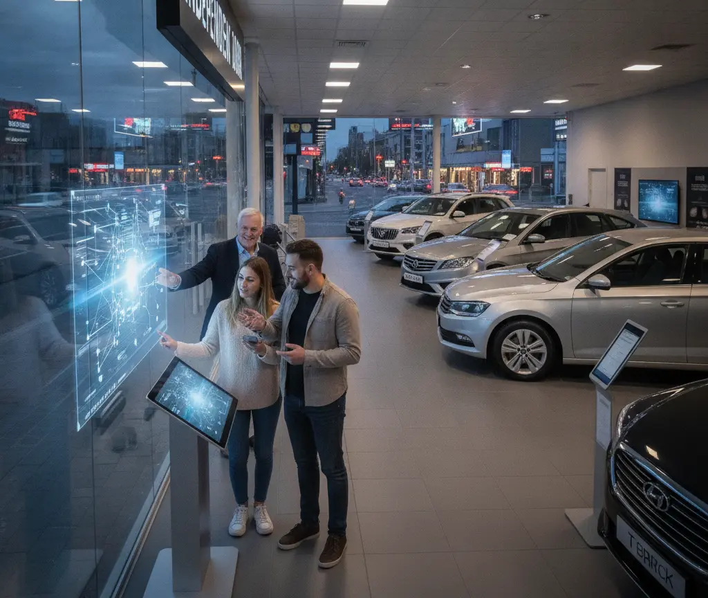 Een verkoper en een jong stel bekijken een interactief digitaal scherm in de showroom van een autodealer met diverse auto's op de achtergrond.