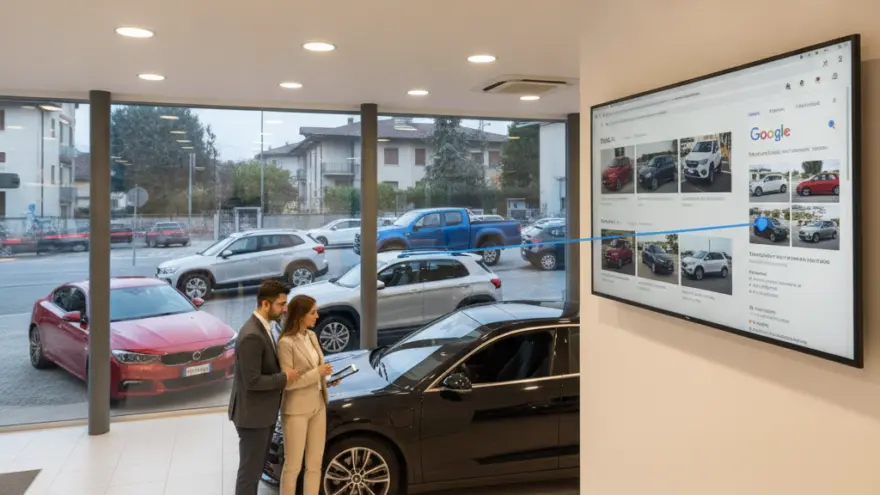 Un uomo e una donna in abito formale guardano un tablet accanto a un'auto nera all'interno di un concessionario con un grande schermo a parete.