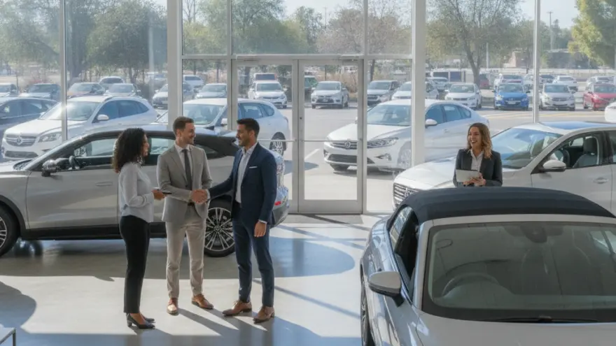 Un uomo e una donna in abiti formali stringono la mano a un venditore all'interno di un luminoso salone automobilistico con auto in esposizione.