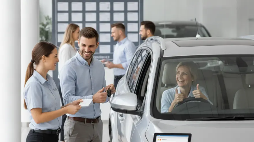 A smiling man receives a car key from a dealership employee while a woman inside a silver car gives a thumbs-up.