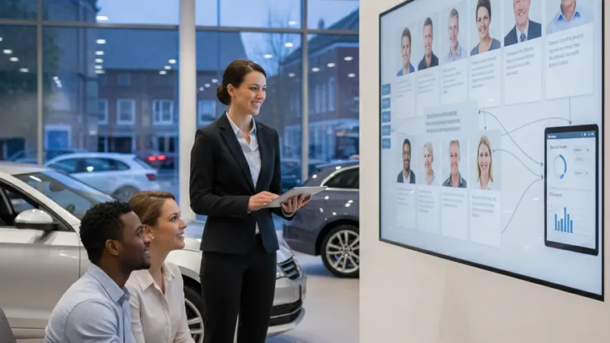 A female sales representative holding a tablet presents information on a large wall screen to a seated couple inside a car dealership showroom.
