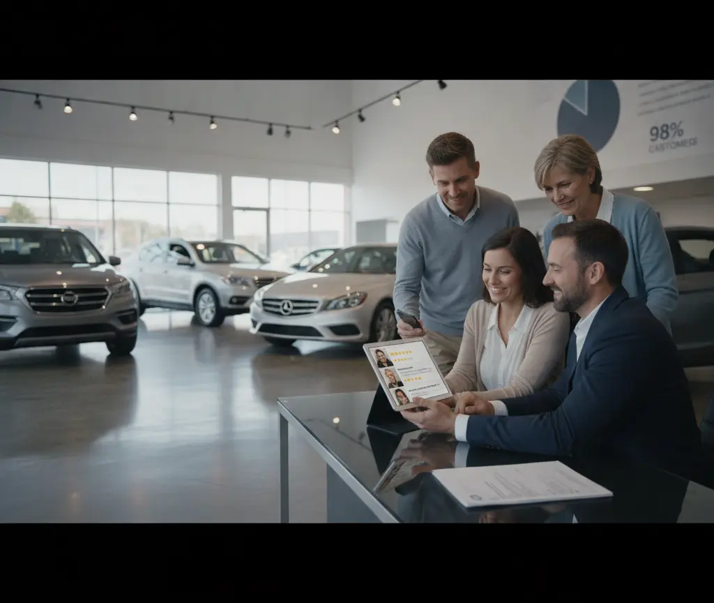 A group of four people look at a tablet computer together at a desk inside a car dealership showroom.