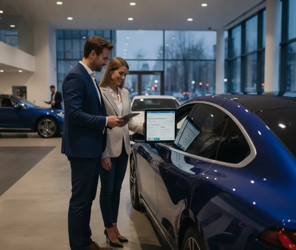 A man in a suit and a woman in a blazer look at a tablet next to a blue car inside a car dealership showroom.