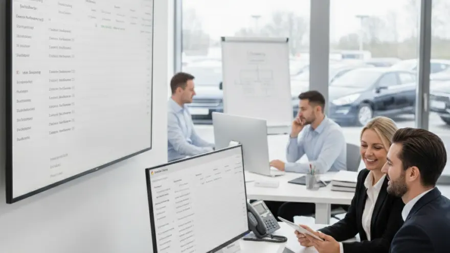 Büromitarbeiter arbeiten an Schreibtischen mit Computern und Tablets in einem hellen Autohaus mit Blick auf parkende Fahrzeuge im Hintergrund.