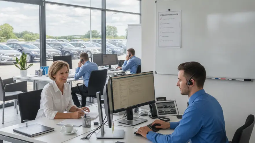 Mitarbeiter in einem hellen Büro mit Blick auf einen Parkplatz voller Autos arbeiten an Schreibtischen mit Computern.