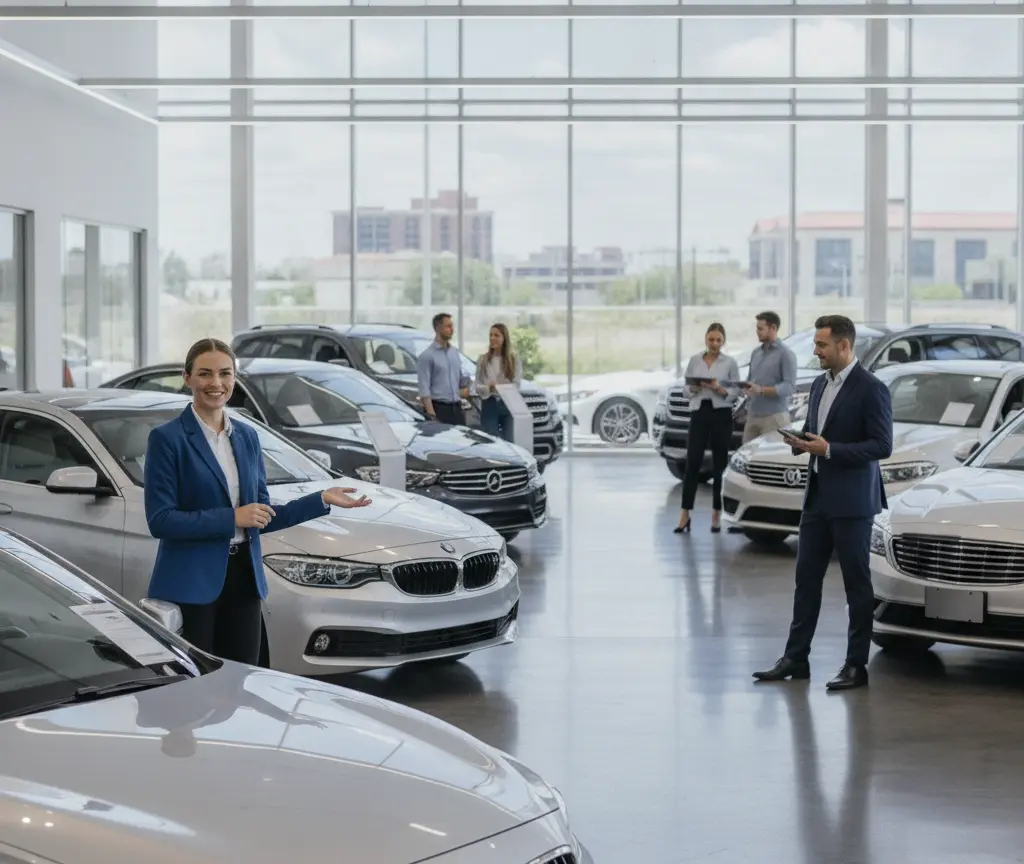 Eine Verkäuferin im blauen Blazer präsentiert Autos in einem hellen Autohaus mit großen Fensterfronten, während im Hintergrund weitere Personen stehen.