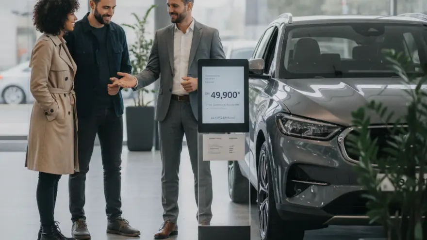 En Verchäufer im Graue-Aazug zeigt eme Paar es graues Auto inere Autohalle.
