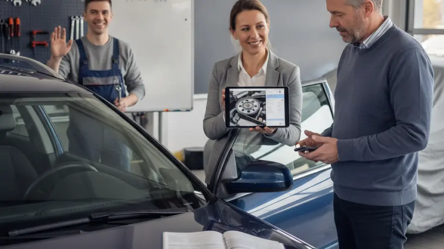 E Frau im graue Blazer zeigt eme Maa es Tablet mit eme Autoteil, während im Hintergrund en Mechaniker winkt.