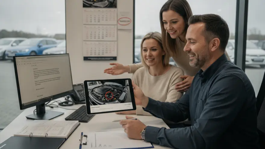 Ein Mann und zwei Frauen sitzen an einem Schreibtisch und betrachten gemeinsam ein Tablet, das das Bild eines Automotors zeigt.