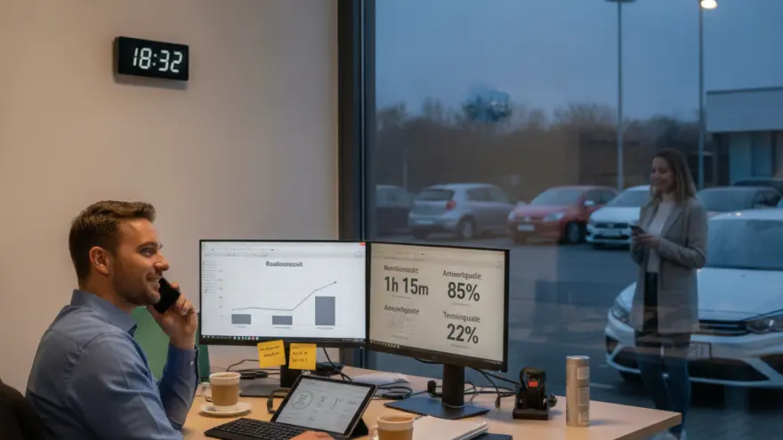 Ein Mann im blauen Hemd telefoniert am Schreibtisch vor zwei Monitoren mit Diagrammen, während draußen vor dem Fenster eine Frau steht und Autos parken.