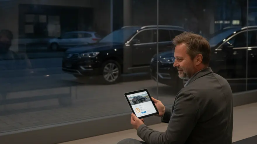 En Maa imne graue Sakko sitzt uf ere Bank und luegt uf es Tablet, während im Hintergrund Autos dur d Schiibe z gseh sind.