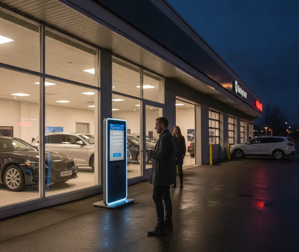 En Maa staht am Abig vor eme belüchtete Autohuus und bedient e grossi, digitali Stele.