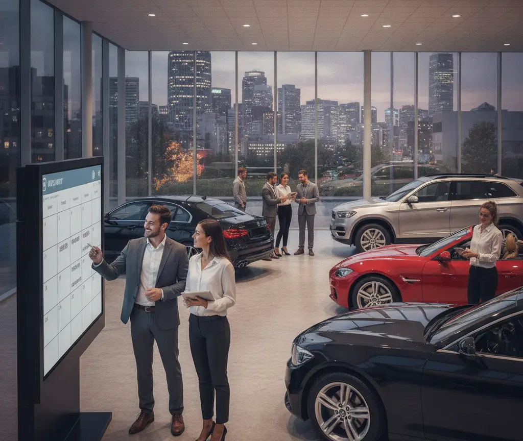 Lüt im Gschäftsazug und verschideni Auto ineme grosse Showroom mit Ussicht uf d Skyline vonere Stadt am Abig.