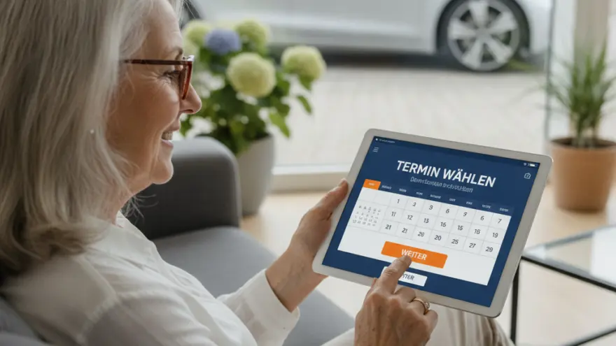 En älteri Frau mit Brülle sitzt uf eme Sofa und wählt uf eme Tablet en Termin us, während im Hindergrund es wysses Auto vor em Fänschter staht.