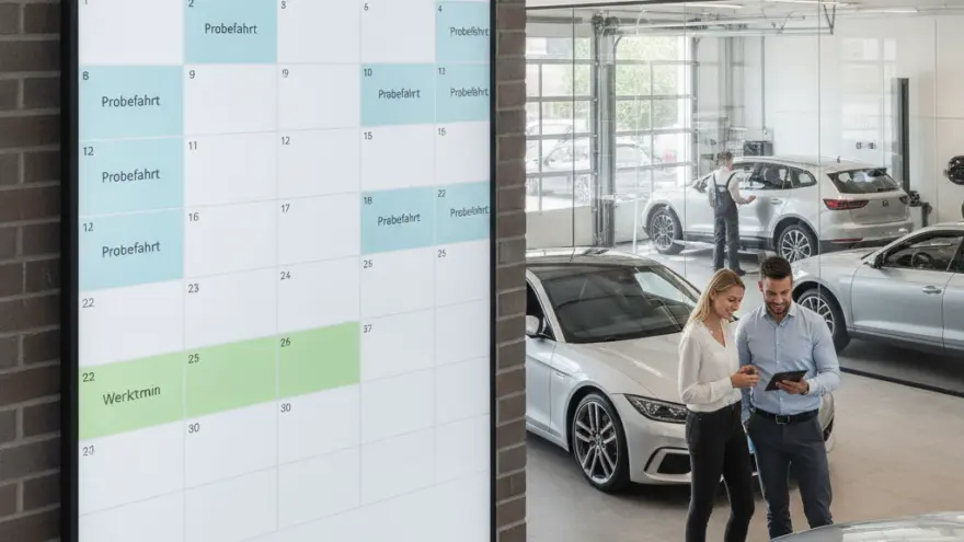 En grosse Bildschirm mit eme Kaländer a de Wand und im Hintergrund e Frau und en Ma, wo imne Autohus uf es Tablet lueged.