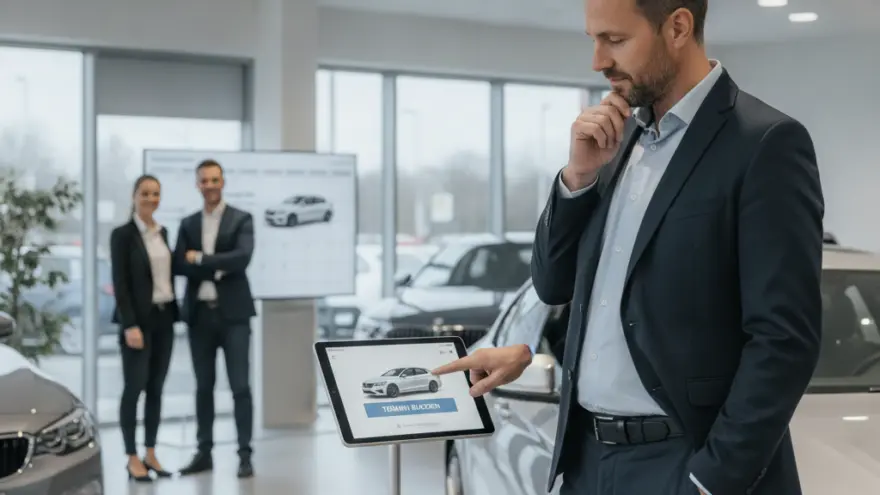 En Mann im Azug bedient en Tablet-Bildschirm ineme Autohuus, während im Hintergrund zwei Verkäufer stönd.