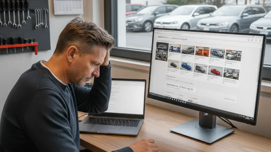 En Ma mit graue Haare sitzt am Schriibtisch und luegt nodänklich uf en grosse Bildschirm mit Auto-Inserat.