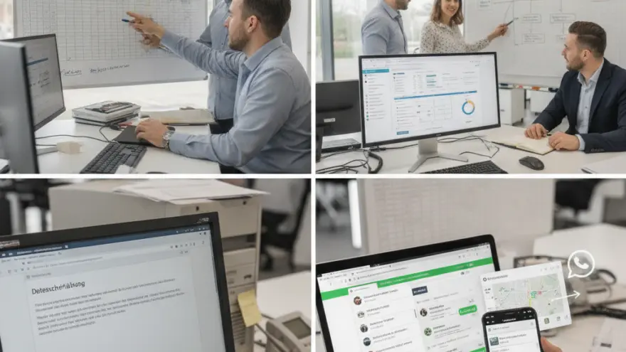Eine Collage aus vier Bildern zeigt Büroangestellte bei Besprechungen vor Whiteboards und die Nutzung von Computern sowie einem Smartphone mit Software-Anwendungen.