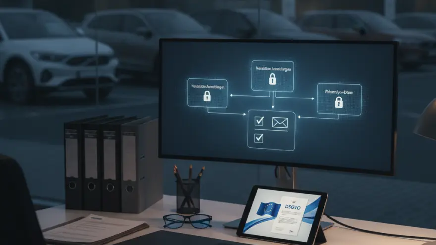 Ein Schreibtisch in einem Büro mit einem Monitor, der ein Sicherheitsdiagramm zeigt, und einem Tablet mit einem DSGVO-Dokument vor einem Fenster mit Blick auf geparkte Autos.