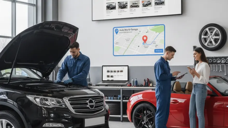 Zwei Mechaniker in blaue Gstältli schaffed inere Autowerkstatt anere schwarze und ere rote Karre, während e Frau mit emne Smartphone debii staht.