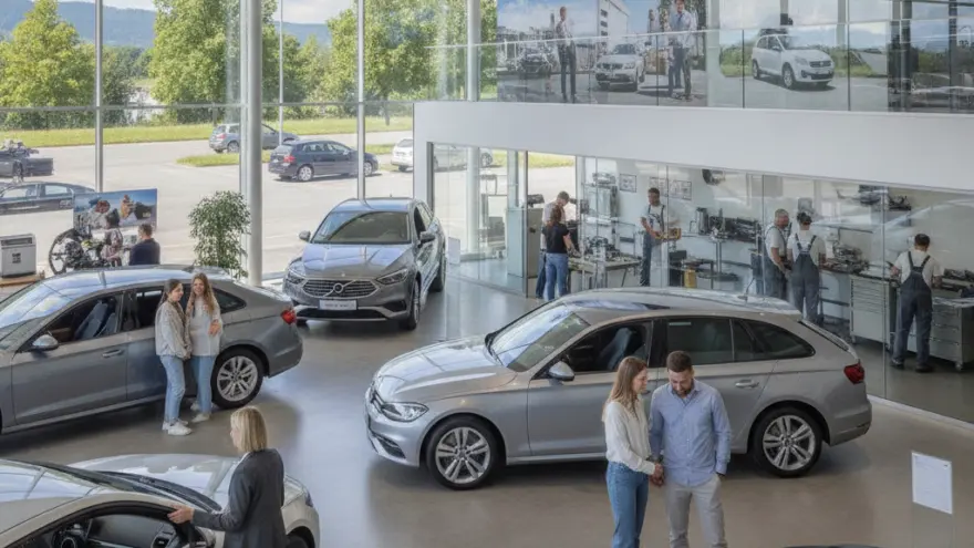 Es hells Autohuus mit verschidene Auto, Chunde und Verkäufer im Verchaufsruum und ere Werkstatt im Hindergrund.