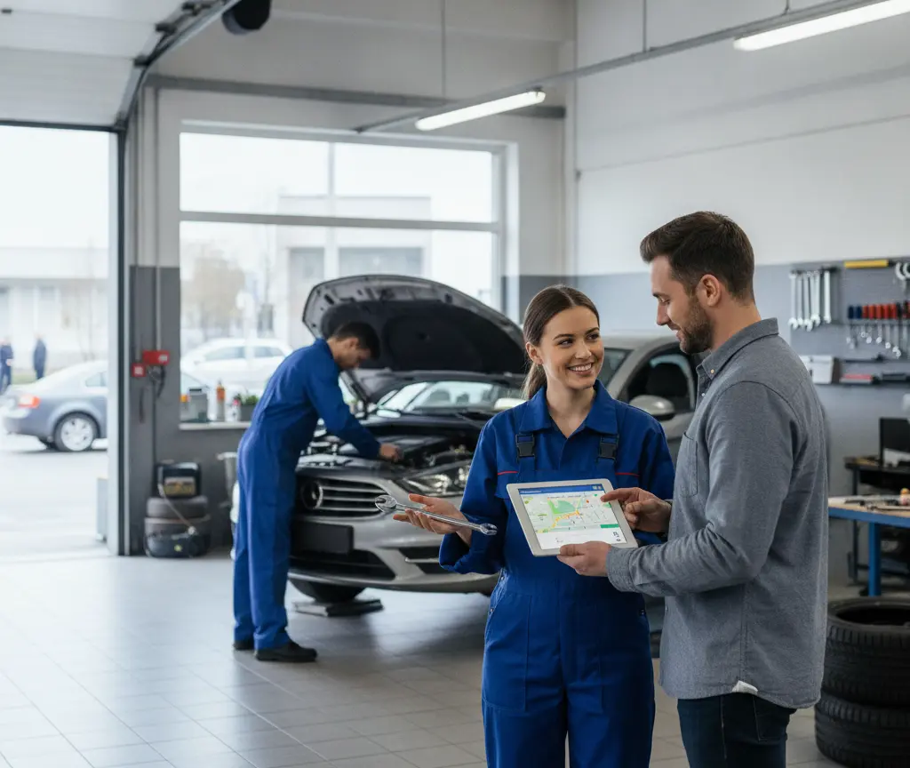 En Automechanikerin im blaue Overall zeigt eme Chund es Tablet inere Werkstatt, während im Hintergrund en Kolleg anere offene Motorhaube schafft.