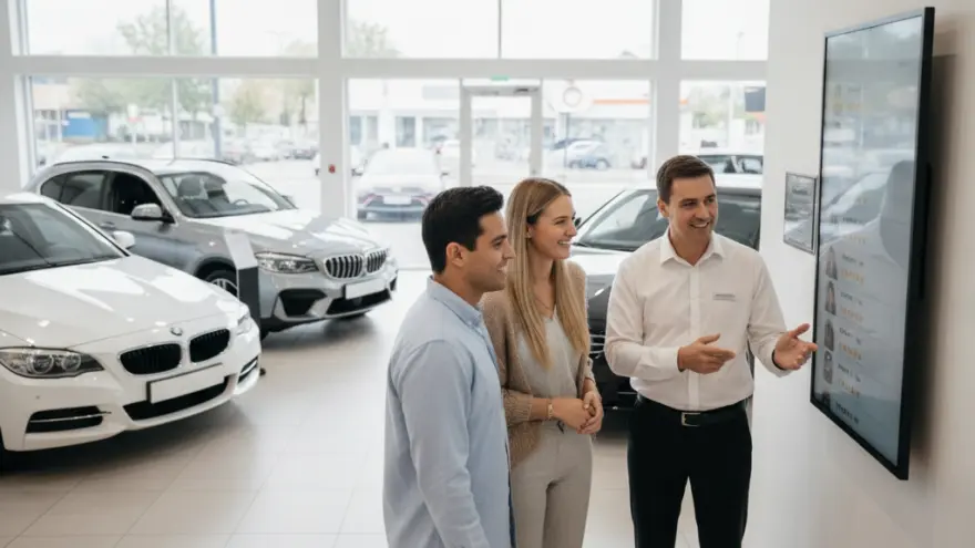 En Verkäufer im wysse Hemmli zeigt eme Paar en grosse Bildschirm inere Autohalle mit Autos im Hindergrund.